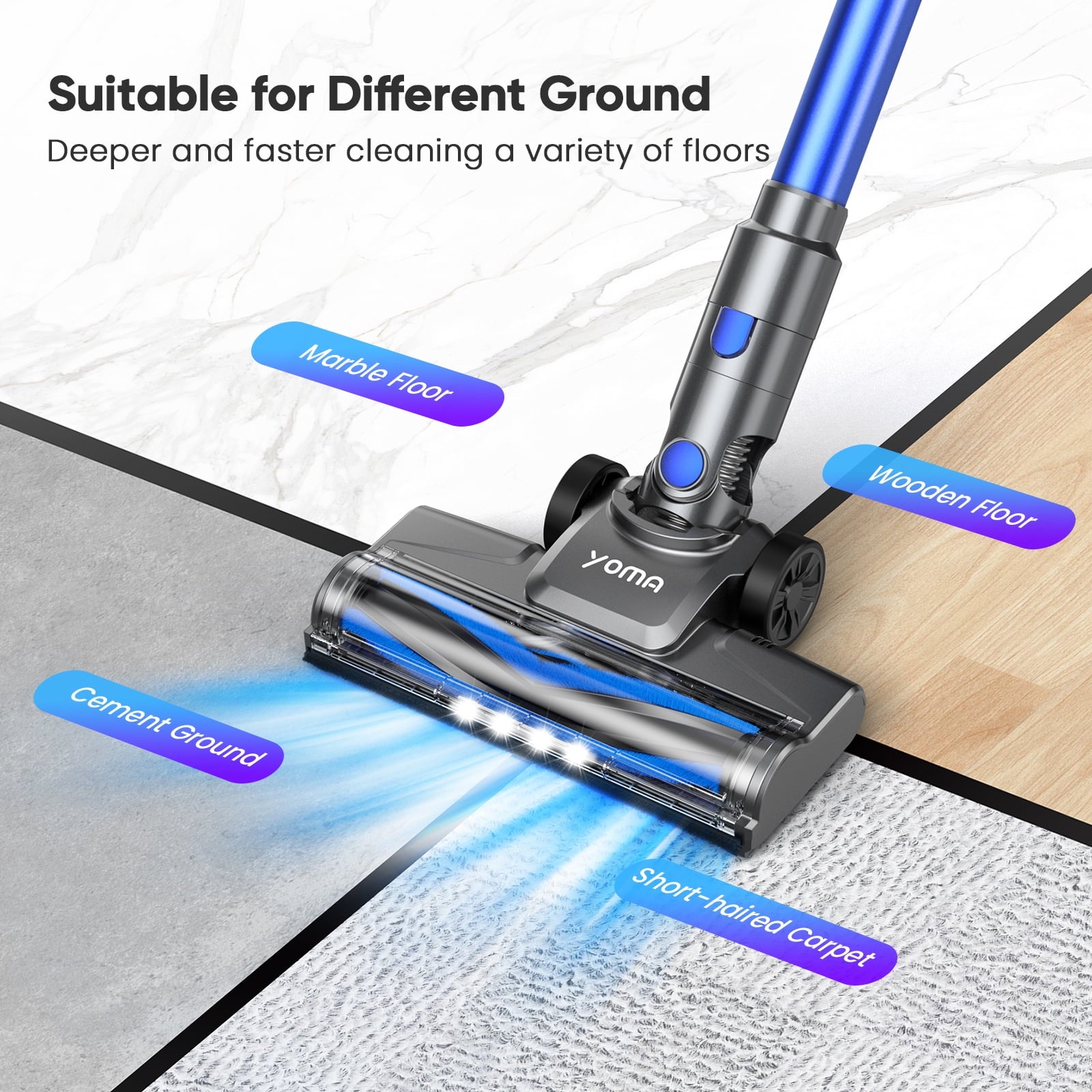 YOMA Cordless Vacuum Cleaner, 6-in-1 Rechargeable Stick Vacuum, 60mins Max Runtime, Lightweight 2200mAh Battery Powerful Vacuum Cleaner for Home Hard Floor Pet Hair-N12