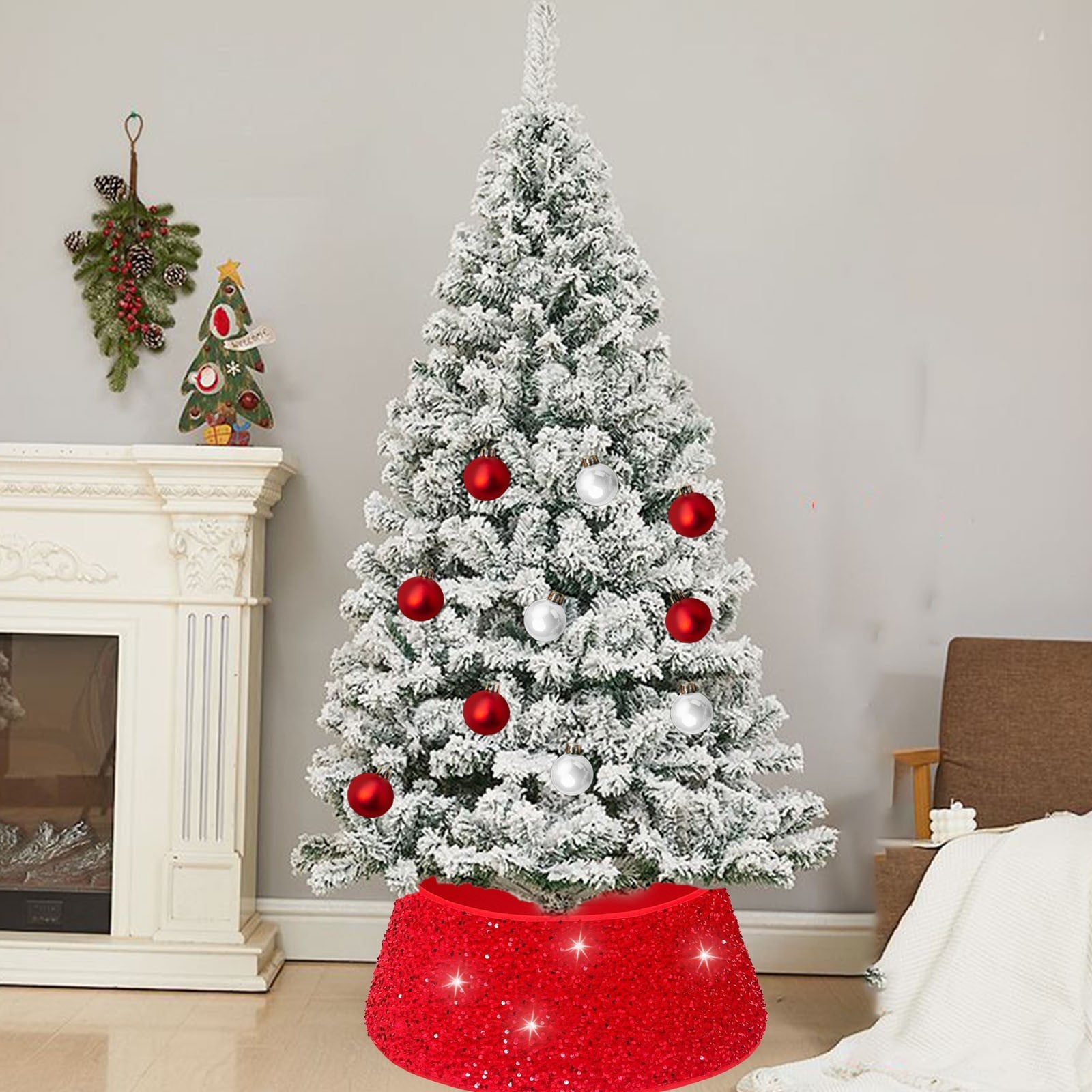 Christmas Tree Collar with Sparkling Sequin Tree Skirt 23.6in Round Sparkle Christmas Tree Base Velvet Tree Skirts Xmas Tree Trunk Cover for Holiday Christmas Home Decor (Red)