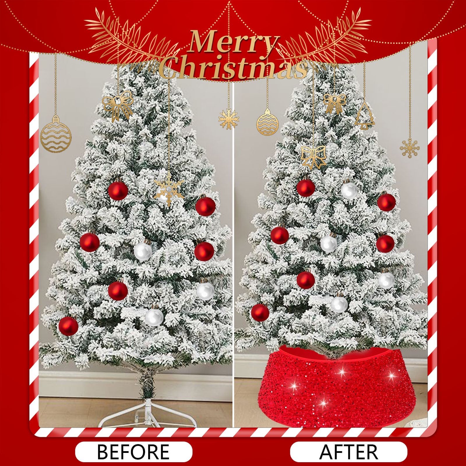 Christmas Tree Collar with Sparkling Sequin Tree Skirt 23.6in Round Sparkle Christmas Tree Base Velvet Tree Skirts Xmas Tree Trunk Cover for Holiday Christmas Home Decor (Red)