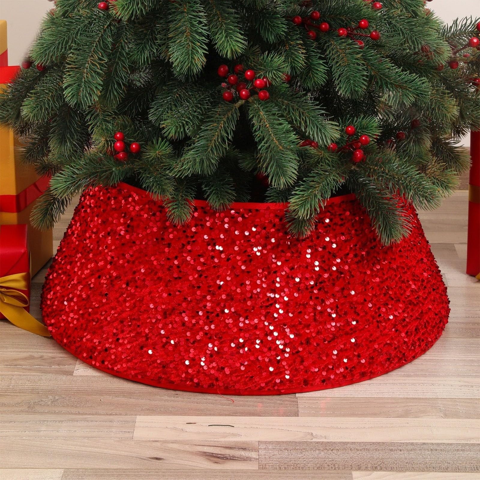 Christmas Tree Collar with Sparkling Sequin Tree Skirt 23.6in Round Sparkle Christmas Tree Base Velvet Tree Skirts Xmas Tree Trunk Cover for Holiday Christmas Home Decor (Red)