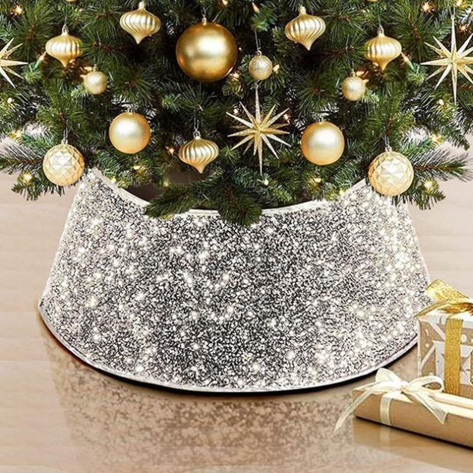 Christmas Tree Collar with Sparkling Sequin Tree Skirt 23.6in Round Sparkle Christmas Tree Base Velvet Tree Skirts Xmas Tree Trunk Cover for Holiday Christmas Home Decor (White)