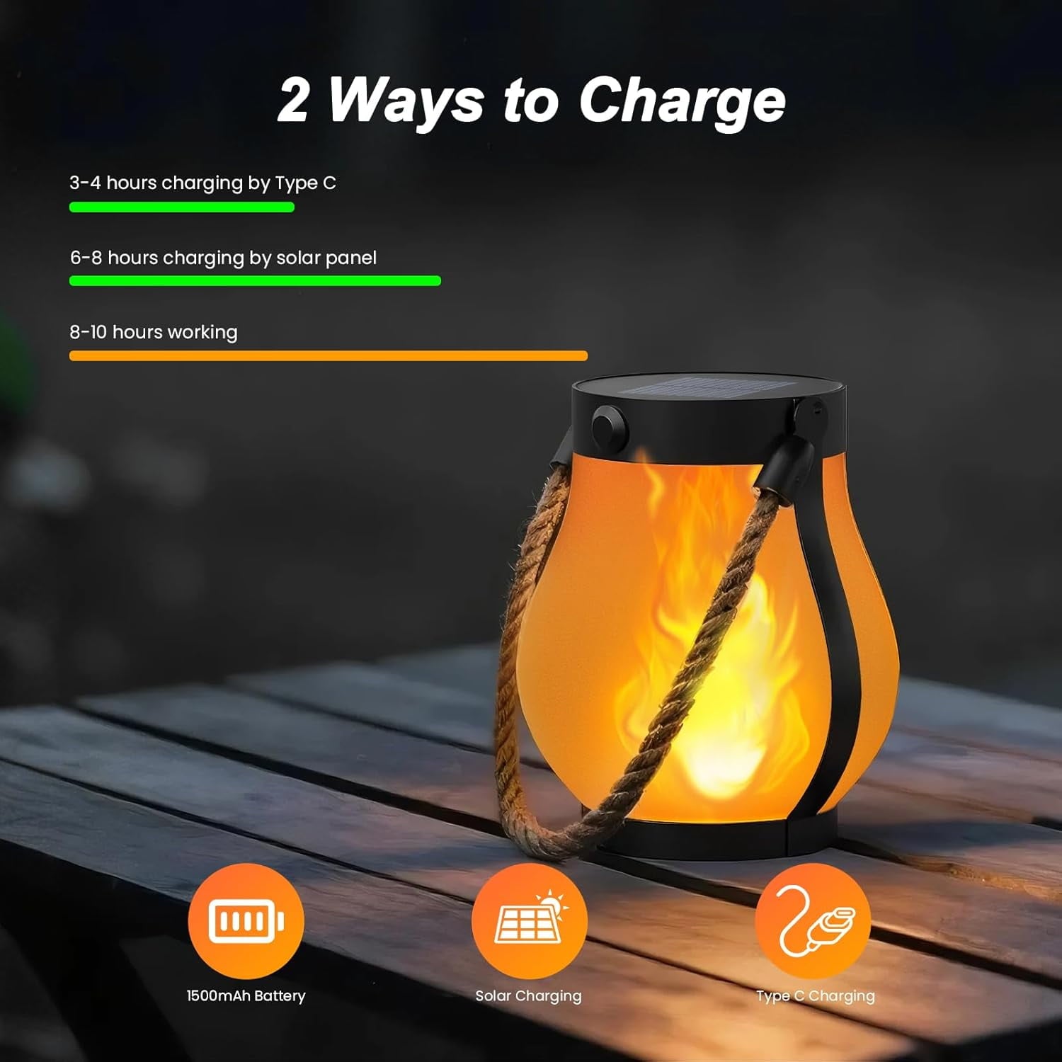 Gkcity Solar Lanterns Outdoor with Ultra-Real Flame, Dual Charging (USB/Solar) & 2 Modes - Waterproof Decorative Hanging/Table Lights for Yard Patio Garden Gift Halloween Easter Decoration, 1 Pack
