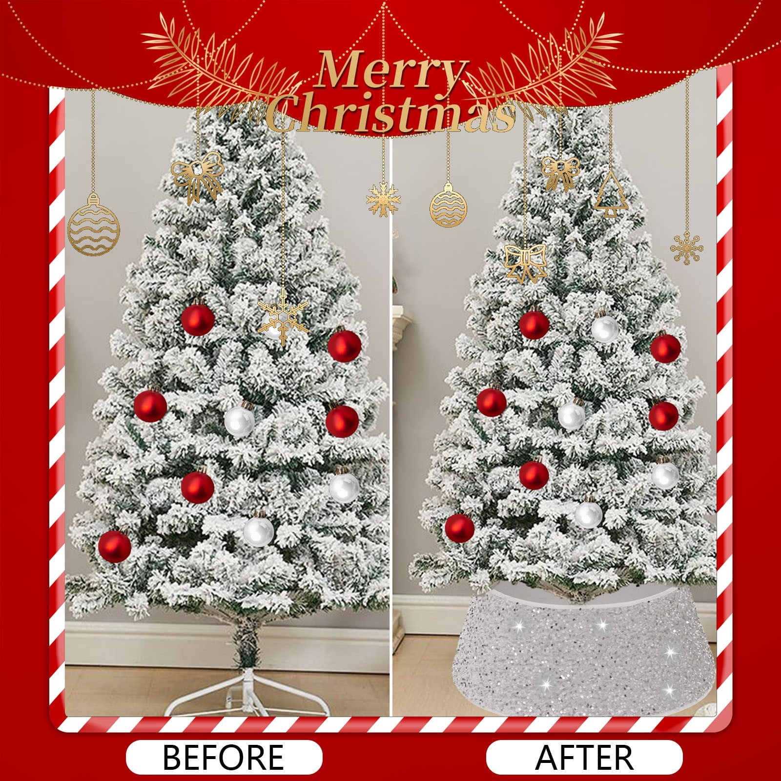 Christmas Tree Collar with Sparkling Sequin Tree Skirt 23.6in Round Sparkle Christmas Tree Base Velvet Tree Skirts Xmas Tree Trunk Cover for Holiday Christmas Home Decor (White)