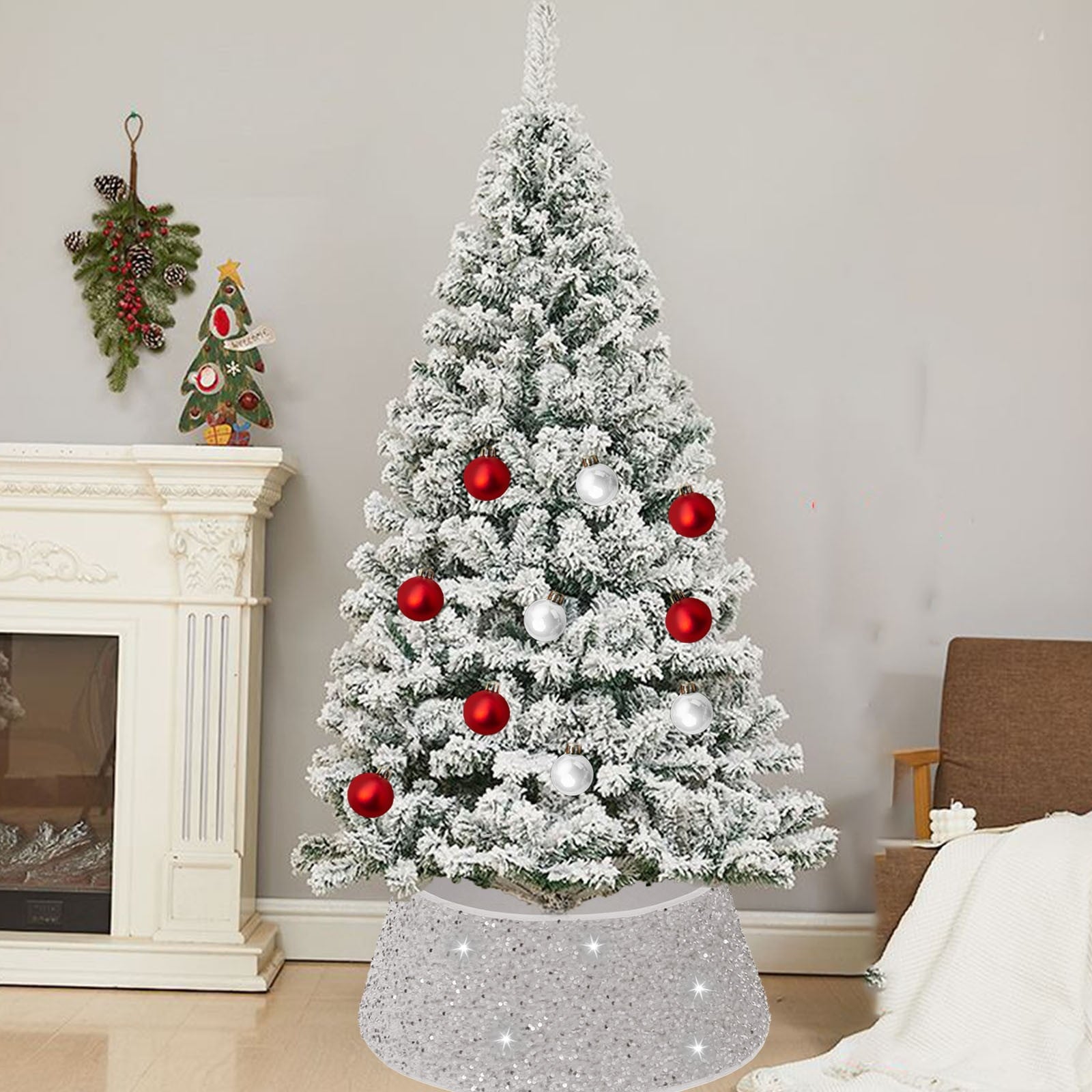 Christmas Tree Collar with Sparkling Sequin Tree Skirt 23.6in Round Sparkle Christmas Tree Base Velvet Tree Skirts Xmas Tree Trunk Cover for Holiday Christmas Home Decor (White)
