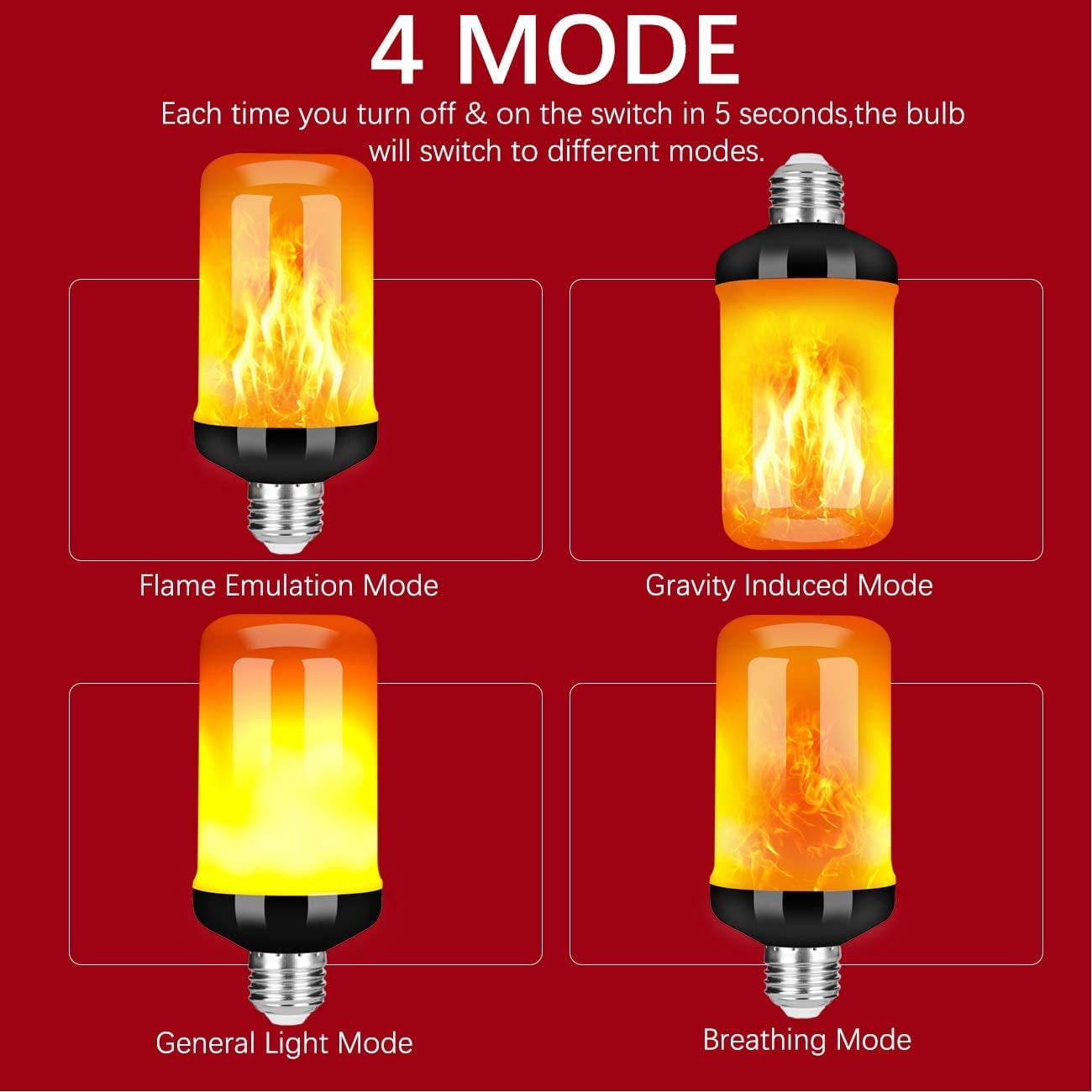 GKcity Upgraded LED Flame Light Bulb, 4 Modes Fire Flame Light Bulbs with Upside Down Effect, E26 Base Flickering Light Bulbs for Halloween, Party, Outdoor, Indoor, Halloween Decor (2 Pack)